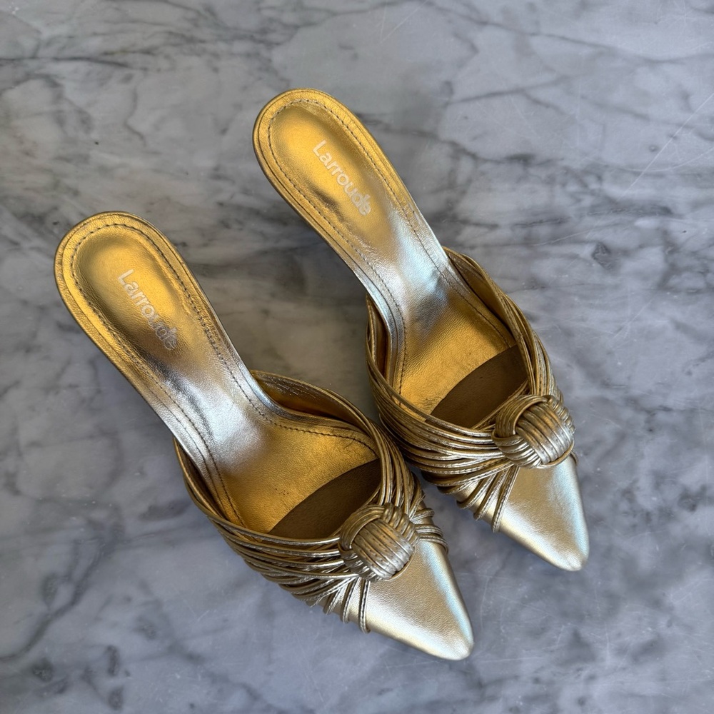 Larroude Gold Heeled Mules - Picture 2 of 9